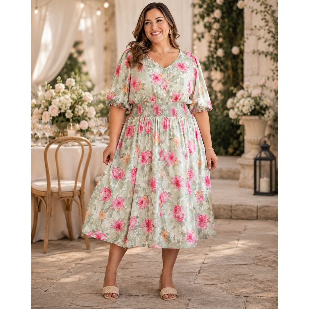 378. StyleList Floral V-Neck Smocked Waist Midi Dress Wedding Guest XL NWT QVC